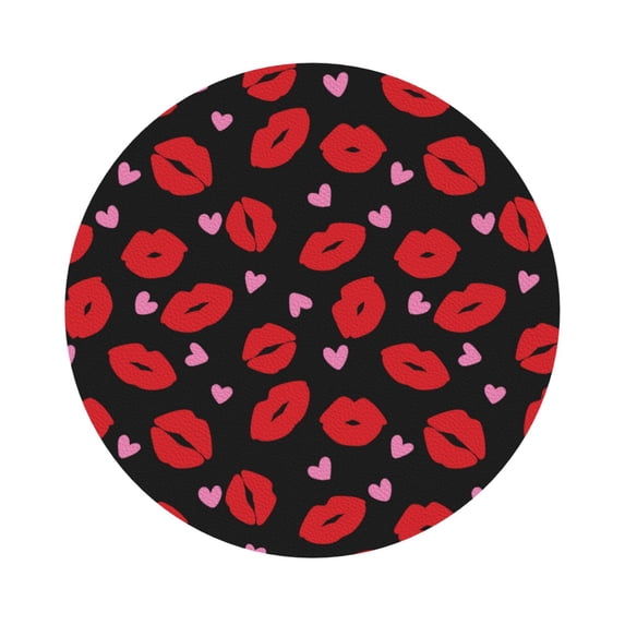 Fuzoiu lips and hearts Print Leather Coasters Set,Drink Coasters Set of 6,for Tabletop Protection, Durable PVC Coasters,Home Décor and Housewarming Gift,Round Shape