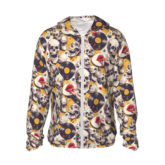 Fuzoiu lips record rock Skull Print Unisex Sun Protection Hoodie,UPF 50+ Light Jacket,Full Zip Sun Protection Hoodie,Long Sleeve Sun Shirts,for Outdoor Activities-Small
