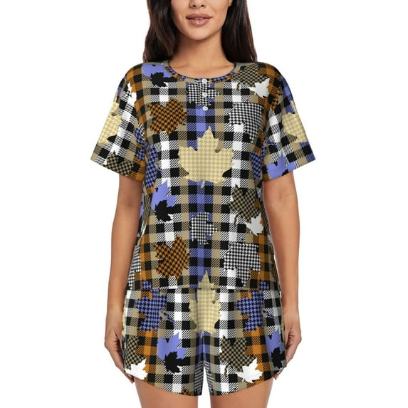 Fuzoiu maple leaves Houndstooth Print Women's Short-Sleeved Pajama Set,Lounge Sleepwear Set,Womens Pajama Sets 2 Piece,Button-Up Top and Shorts with Pockets-4X-Large