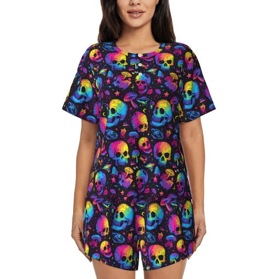 Fuzoiu mushroom rainbow color Skull Print Women's Short-Sleeved Pajama Set,Lounge Sleepwear Set,Womens Pajama Sets 2 Piece,Button-Up Top and Shorts with Pockets-X-Large
