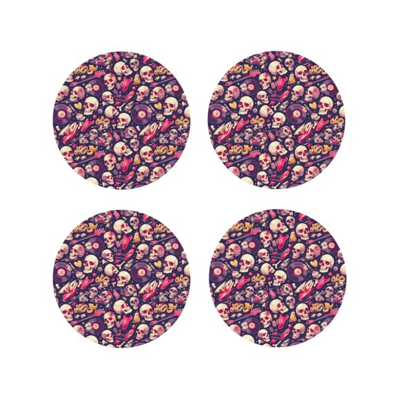 Fuzoiu music Skull record Guitar Print Leather Coasters Set,Drink Coasters Set of 4,for Tabletop Protection, Durable PVC Coasters,Home Décor and Housewarming Gift-Round Shape