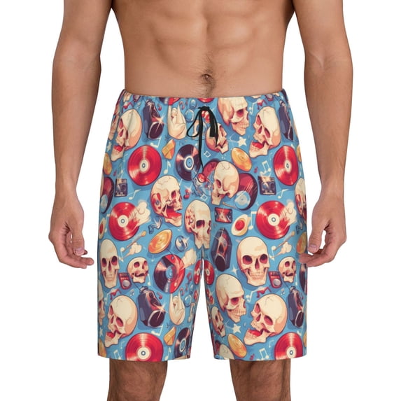 Fuzoiu music Skull record Retro Print Pajama Shorts for Men, Men's Pajama Bottoms,Mens Lounge Sleepwear,Pajama Pants with Pocket-XX-Large