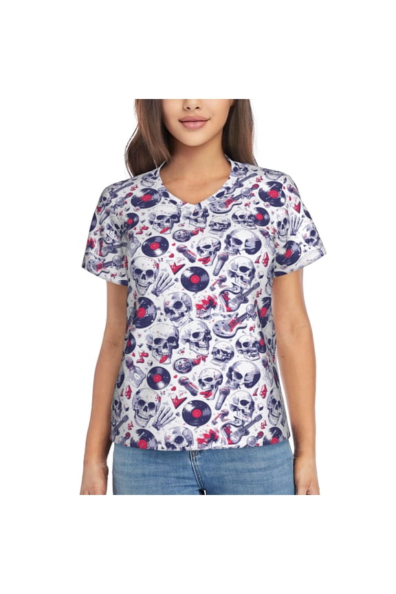 music Skull record mike Print Women's Classic V-Neck T-Shirt, Short Sleeve V Neck Tees for Casual Everyday Wear,Casual Fit Tee,Summer Fashion Tops-Large