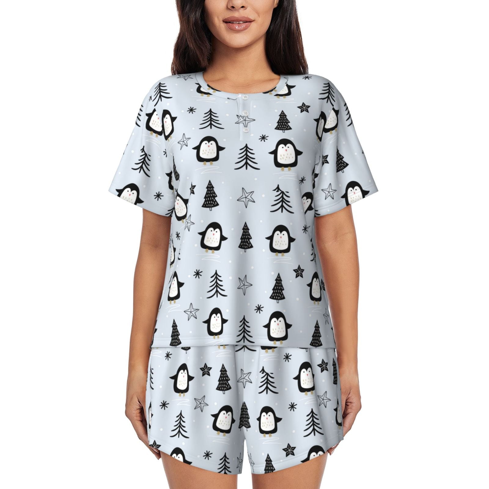 Fuzoiu penguin tree star Print Women's ShortSleeved Pajama Set,Lounge