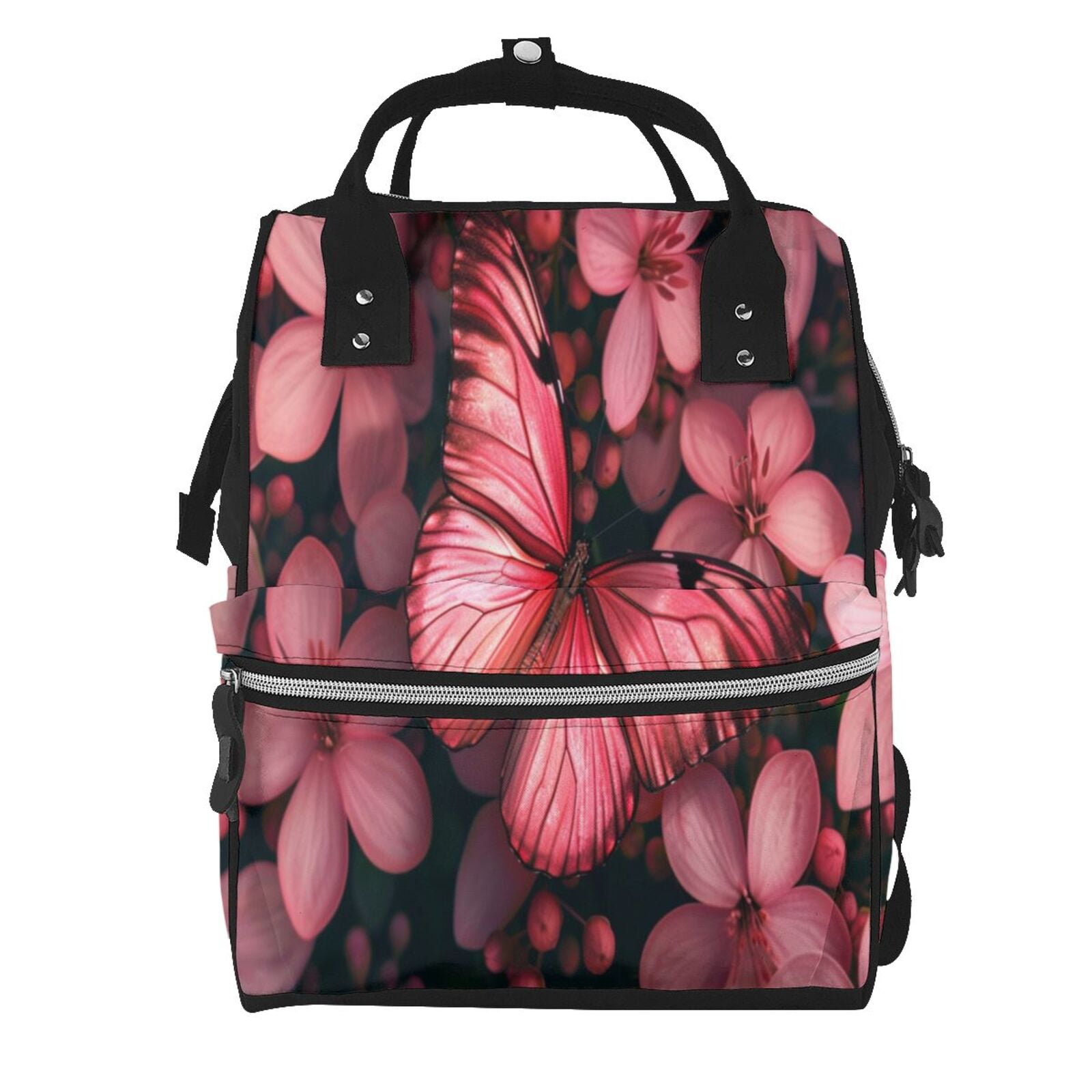 Fuzoiu pink butterfly Print Diaper Bag Backpack,Baby Essentials Travel Tote,Multi function Waterproof Diaper Bag, Travel Essentials Baby Bag - Unisex