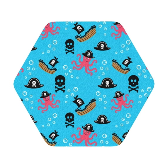 Fuzoiu pirate Octopus Print Leather Coasters Set,Drink Coasters Set of 6,for Tabletop Protection, Durable PVC Coasters,Home Décor and Housewarming Gift,Hexagon