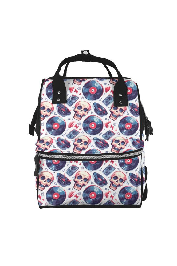 record rock music Skull Print Diaper Bag Backpack,Baby Essentials Travel Tote,Multi function Waterproof Diaper Bag, Travel Essentials Baby Bag - Unisex