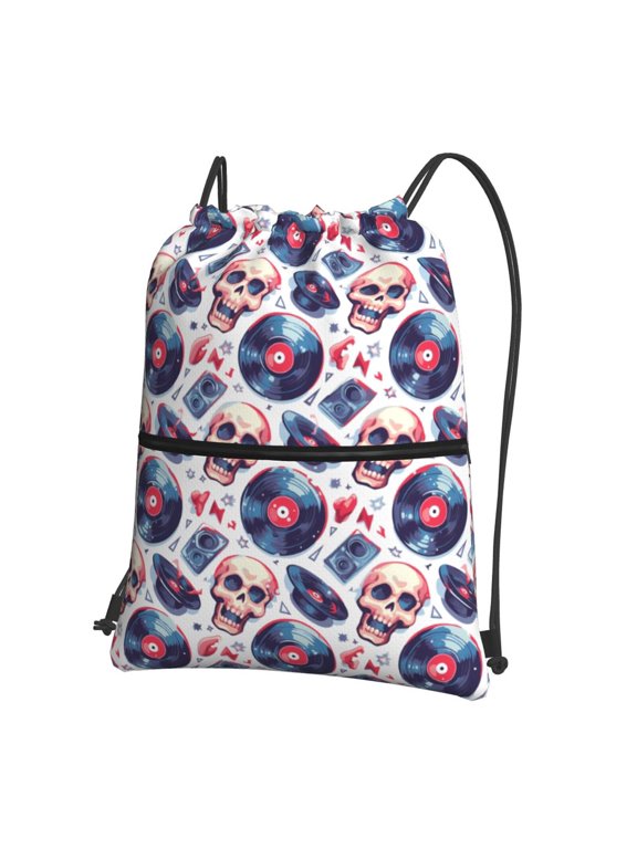 record rock music Skull Print Drawstring Backpack Water Resistant String Bag Sports Sackpack Gym Sack for Men Women