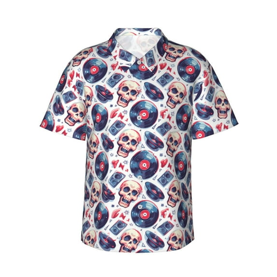 Fuzoiu record rock music Skull Print Hawaiian Shirt for Men, Summer Beach Casual Short Sleeve Button Down Shirts, Men’s Beach Summer Shirts with Pocket,Small
