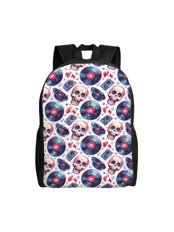 record rock music Skull Print Laptop Backpack,Work Business Backpacks, Large Capacity Nurse Bag College Bookbag for School, Waterproof Casual Daypack for Travel