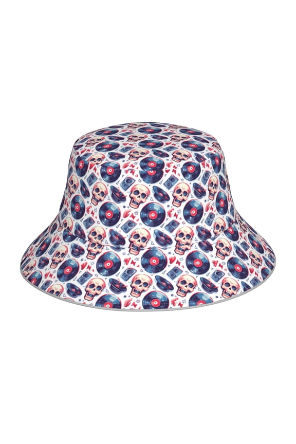 record rock music Skull Print Reflective Bucket Hat,Outdoor Hat for Men and Women,Bucket Hat for Travel Fishing Hunting Summer Camp