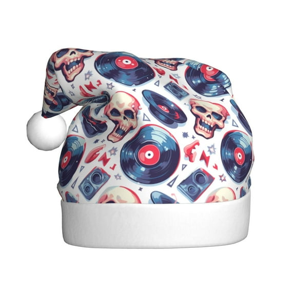 Fuzoiu record rock music Skull Print Santa Hat Christmas Hat for Adults,Santa Hats with Pompom, Unisex Xmas Holiday Hat for Christmas New Year Festive Party Supplies
