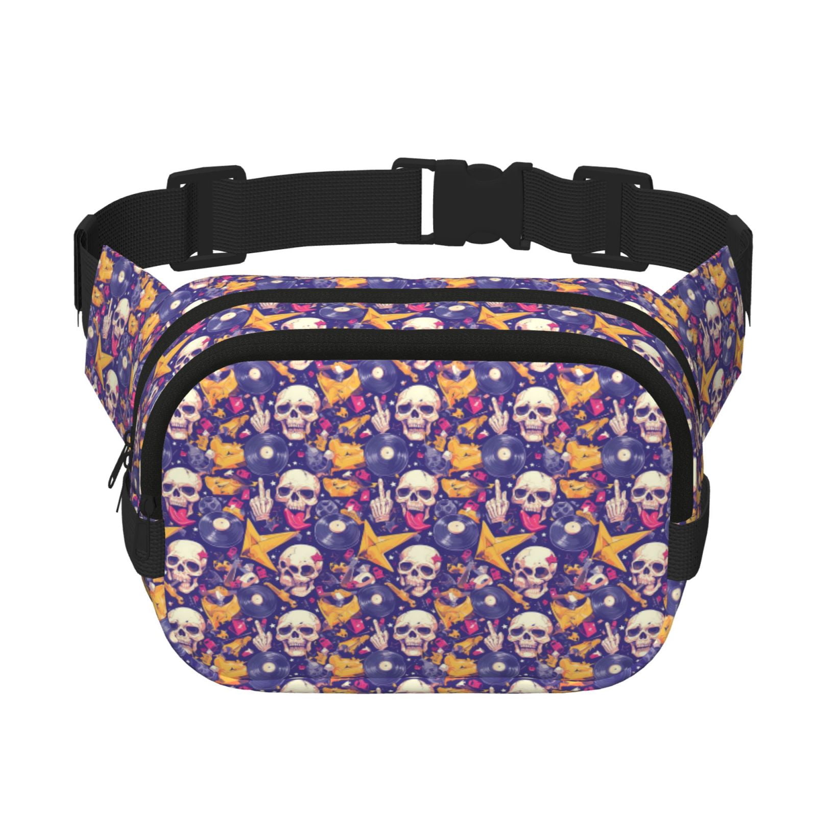 Fuzoiu rock Skull record Print Unisex Square Double Layer Waist Bag,Crossbody Fanny Pack Travel Workout Accessory