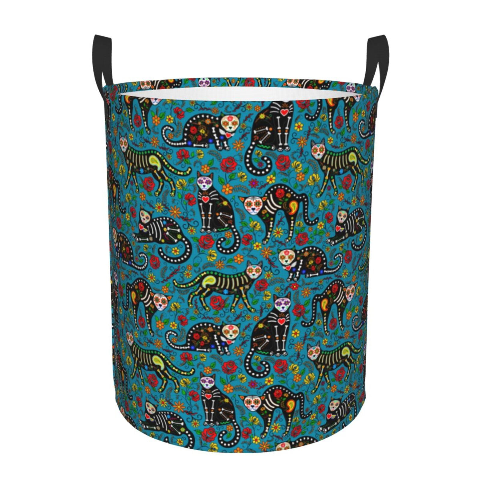 Fuzoiu skull black cats in mexican Print Circular Hamper,Laundry Basket with Handle,Collapsible Laundry,Dirty Clothes Storage Basket,for Bedroom Bathroom Dorm Living Room-Small