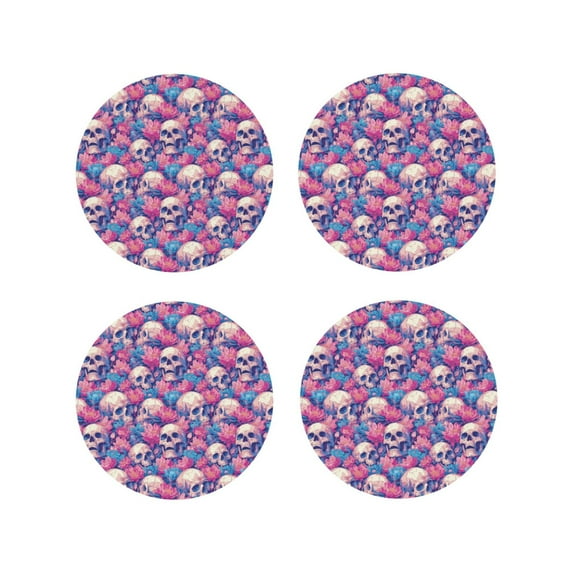 Fuzoiu white Skull blue flower Print Leather Coasters Set,Drink Coasters Set of 4,for Tabletop Protection, Durable PVC Coasters,Home Décor and Housewarming Gift-Round Shape