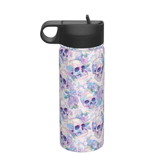 Fuzoiu white Skull crystal flower Print 18oz Insulated Sports Kettle, Outdoor Sport Gym Stainless Steel Water Bottle With Straw Lid