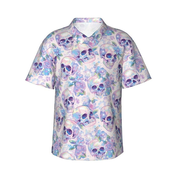 Fuzoiu white Skull crystal flower Print Hawaiian Shirt for Men, Summer Beach Casual Short Sleeve Button Down Shirts, Men’s Beach Summer Shirts with Pocket,X-Large