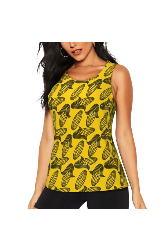 yellow Corn Print Women's Workout Tank Top,Athletic Racerback Sports Tank,Tops Sleeveless Running Loose Fit Yoga Tops,Active Shirts for Yoga, Running, and Gym-X-Large