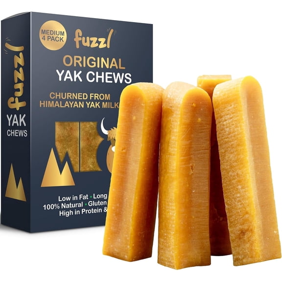 Fuzzl Gold Yak Cheese Himalayan Dog Chews Box 4 Medium Yak Chews Long Lasting Dog Treats for Aggressive Chewers 100% Natural, Grain Free & High Protein Value Pack 10.6 oz