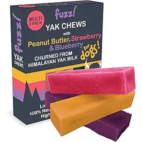 Fuzzl Himalayan Yak Chews for Dogs 3 Pack Peanut Butter, Strawberry & Blueberry Premium Natural Dog Treats - Dog Food Natural Chews Long Lasting Dental Sticks 195g