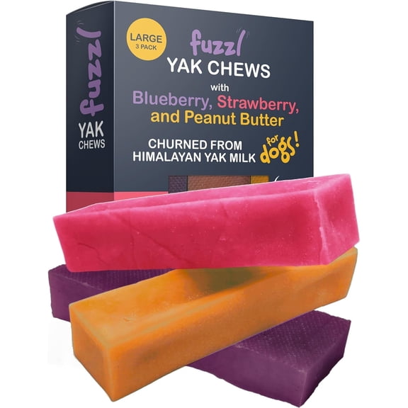 Fuzzl Large Pack of 3 Yak Chews for Dogs | Strawberry, Blueberry, Peanut Butter, 13.8oz | Natural Himalayan Cheese Treats | Long-Lasting, Grain-Free Dental Chews