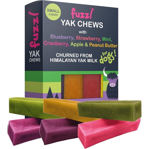 Fuzzl Pack of 6 Small Mixed Flavour Yak Chews for Dogs Blueberry, Strawberry, Cranberry, Mint, Apple, Peanut Butter | Natural Himalayan Cheese Treats Long-Lasting Dental Chews for Small Breeds