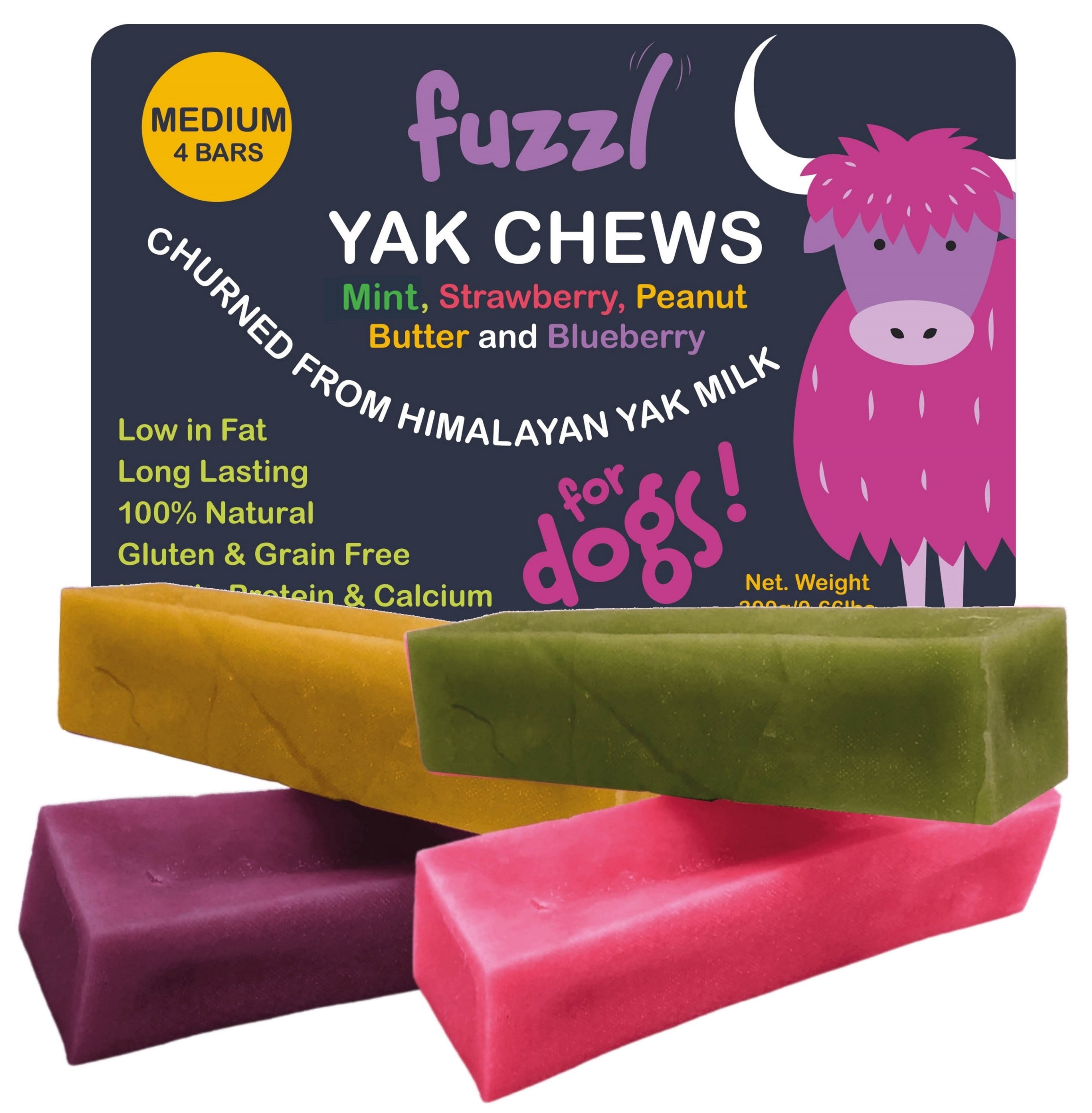 Fuzzl Yak Cheese Chews Peanut Butter, Strawberry, Blueberry, Mint Medium Box 4 - Himalayan Yak Chews for Dogs - Natural Dog Chew