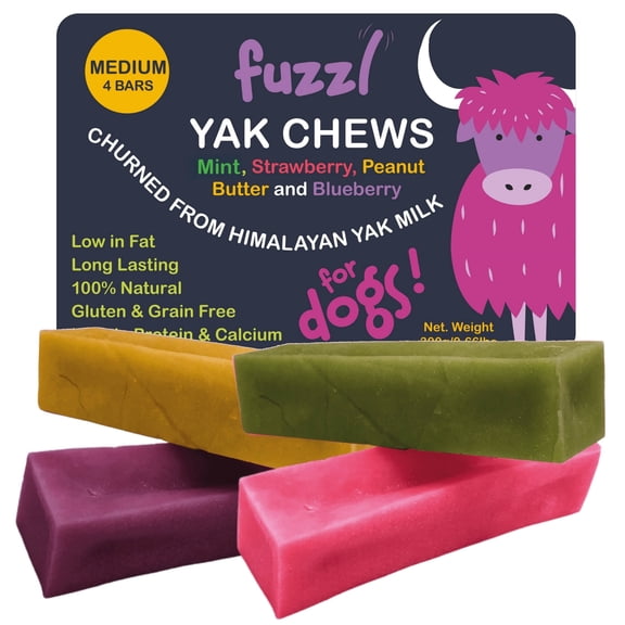 Fuzzl Yak Cheese Chews Peanut Butter, Strawberry, Blueberry, Mint Medium Box 4 - Himalayan Yak Chews for Dogs - Natural Dog Chew