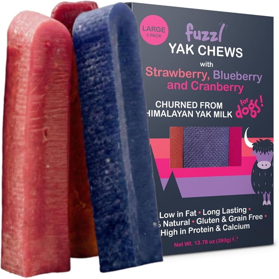 Fuzzl Yak Chews Strawberry, Blueberry, Cranberry Large 3 Pack - Himalayan Yak Chews for Dogs - Natural Dog Chew