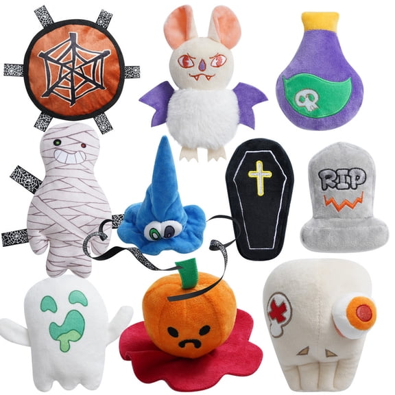Fuzzwoof 10 Pack Halloween Small Dog Toys, Creepy-Theme Puppy Enrichment Toys Squeaky & Crinkle Funny Plush Stuffed Bundle with Pumpkin, Skeleton, Mummy, Bat & More