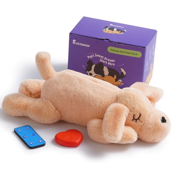 Fuzzwoof Puppy Heartbeat Toy, Calming Plush Dog with 8 Soothing Sounds and Wireless Remote, Rechargeable Sleep Aid for Crate Training, Small, 1 Count