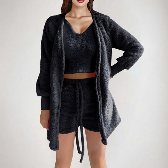 Fuzzy 3 Piece Pajamas Lounge Sets for Womens Cozy 3-piece Fluffy Fleece Cardigan Robe Crop Top Shorts Warm PJ Set Black S