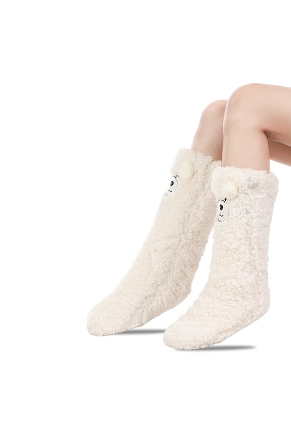 Fuzzy 3D Animal Socks for Women and Girls, Winter Warm Sleeping Plush Comfy Slipper Socks, Cute Home Floor Socks, White