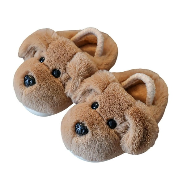 Fuzzy Animal Slippers For Toddler Kids Cozy and Comfortable Cute Dog Slippers Memory Foam Non-Skid Bottoms Winter Warm House Slippers Khaki 2.5-3 Years