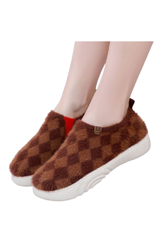 Fuzzy Ankle Boots for Women Checkered Pattern Low Top Winter Slip on Walking Shoes Soft Sole Booties