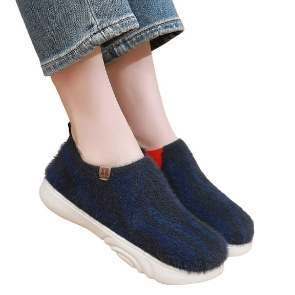 Fuzzy Ankle Boots for Women Trendy Pattern Low Top Winter Slip on Walking Shoes Soft Sole Booties