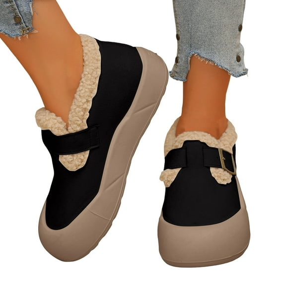 Fuzzy Ankle Boots for Women Winter Warm Fleece Lined Safety Toe Casual Walking Flats Shoes Snow Short Booties