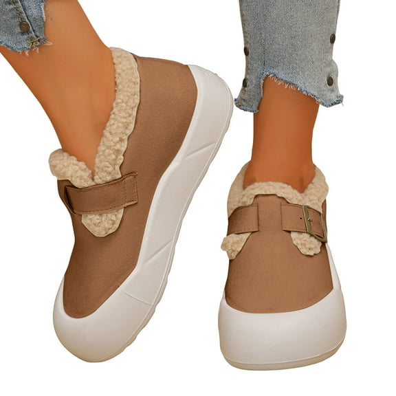 Fuzzy Ankle Boots for Women Winter Warm Fleece Lined Safety Toe Casual Walking Flats Shoes Snow Short Booties