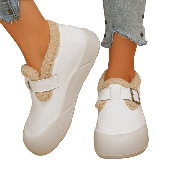 Fuzzy Ankle Boots for Women Winter Warm Fleece Lined Safety Toe Casual Walking Flats Shoes Snow Short Booties