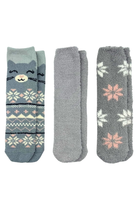 Women's Cozy Mid-Crew Socks, Cat Fairisle, 3-Pack, Size 4-10