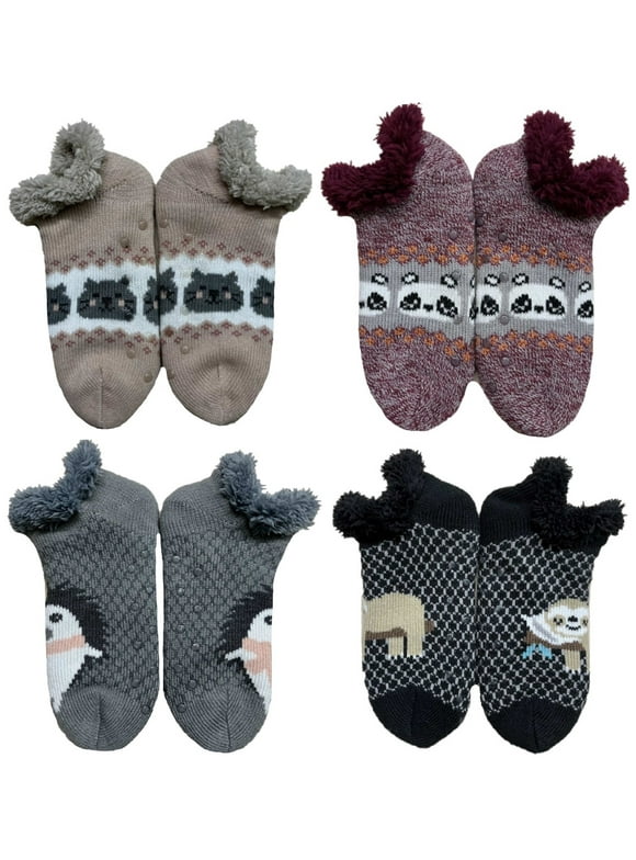 Fuzzy Babba, Women's Critter V-Ankle Knit Slipper Socks, 4-Pack, Size 4-10
