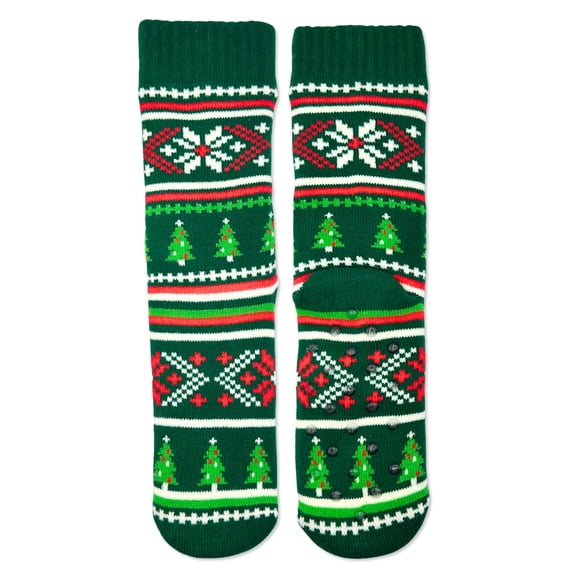 Fuzzy Babba Women's Holiday Fairisle Trees Slipper Socks, 1-Pack, Size 4-10