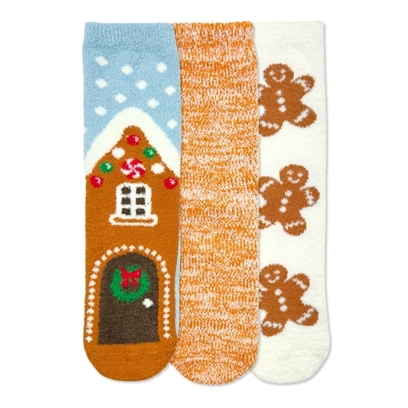 Fuzzy Babba Women's Holiday Gingerbread Cozy Socks, 3-Pack, Size 4-10