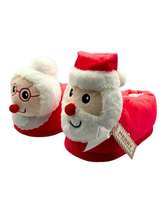 Women's Santa & Mrs. Claus 3D Plush Head Slippers, 1-Pack, Sizes M/L & L/XL