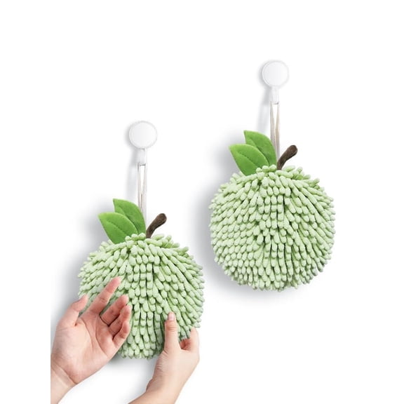 Fuzzy Ball Hand Towels (Set of 2) - Dry Your Hands Instantly and conveniently with This Creative Hand Towel Fruit Themed Decorative Towels for Bathroom (Pack of 2, Green Apple)