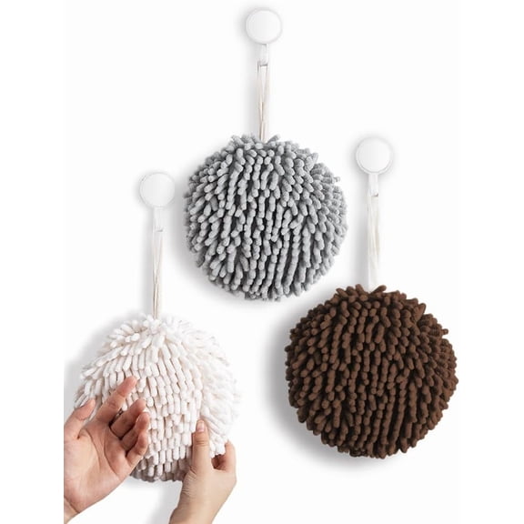 Fuzzy Ball Hand Towels (Value Pack of 3) New Triple Color Hand Towel Collection - Creative Bath Towel Set Dry Instantly with These Bathroom Towels (3-Pack White, Gray & Brown)