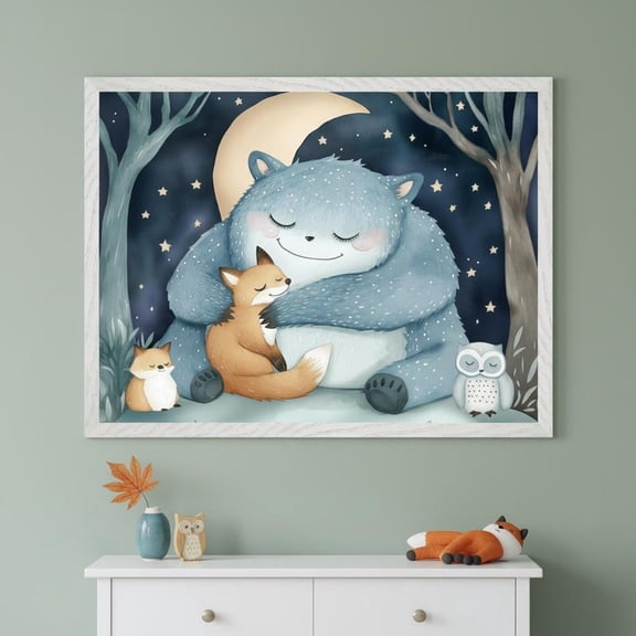 Fuzzy Blue Monster Hugging Small Fox Wall Art Woodland Nursery Decor Unframed Paper Print