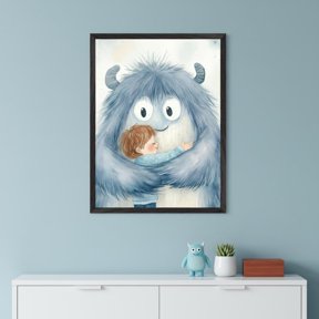 Fuzzy Blue Monster Whimsical Yeti Hug Illustration Creature Kind Wall Decor Unframed Paper Print