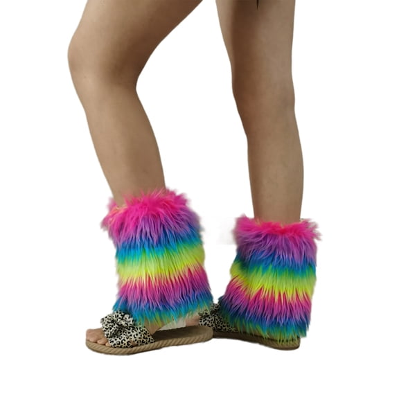 Fuzzy Boot Cuffs Leg Warmer for Women Girls Aesthetic Vintage Rainbow Plush Leg Cover 80s Party Knee Length Long Socks