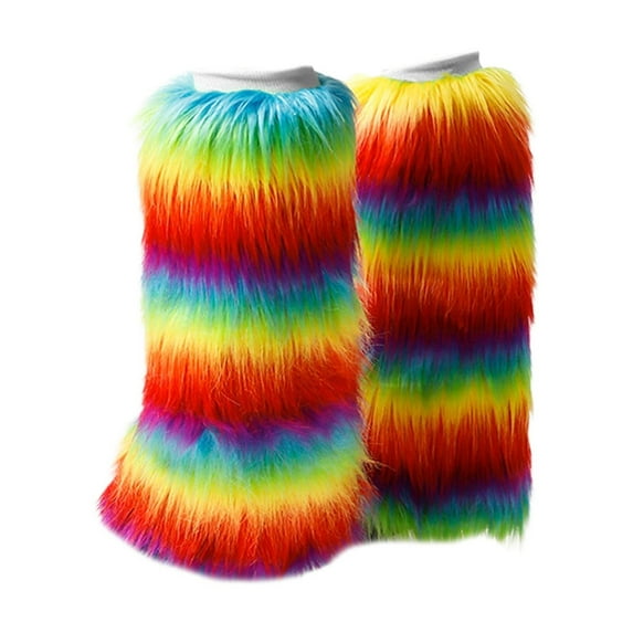 Fuzzy Boot Toppers Cuff Leg Warmer for Women Vintage Rainbow Colorful Striped Furry Plush Leg Cover Knee Length Socks